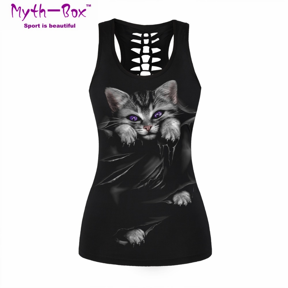 Women Sport Vest Bad Cat Print - Sleeveless Undershirt avaliação e preço