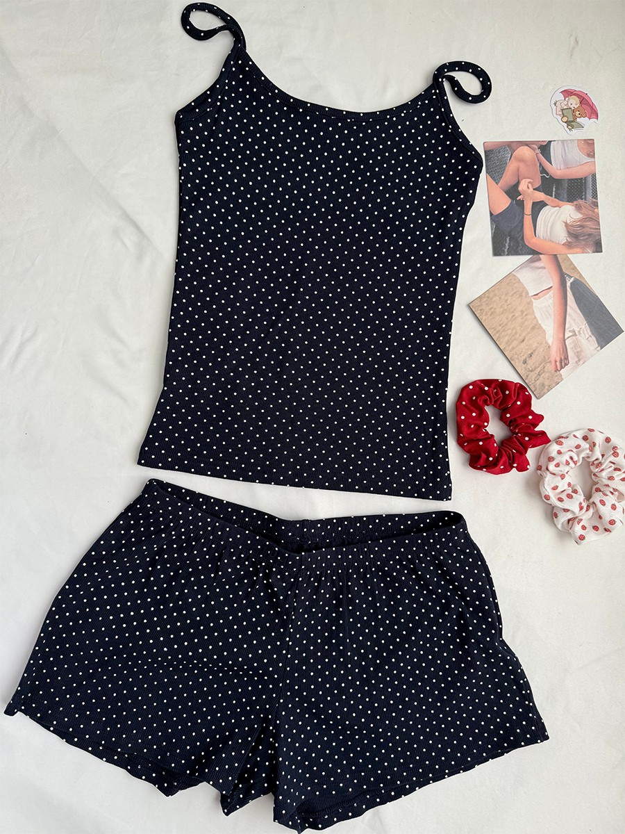 Navy Dot Ribbed Shorts Sets Wo - Tank Top Ribbed avaliação e preço