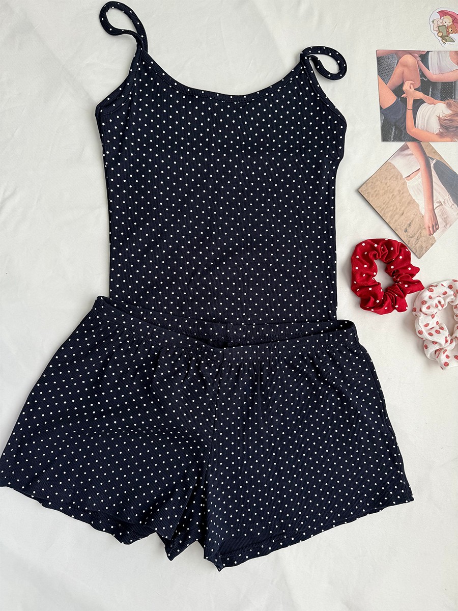 Navy Dot Ribbed Shorts Sets Wo - Tank Top Ribbed avaliação e preço
